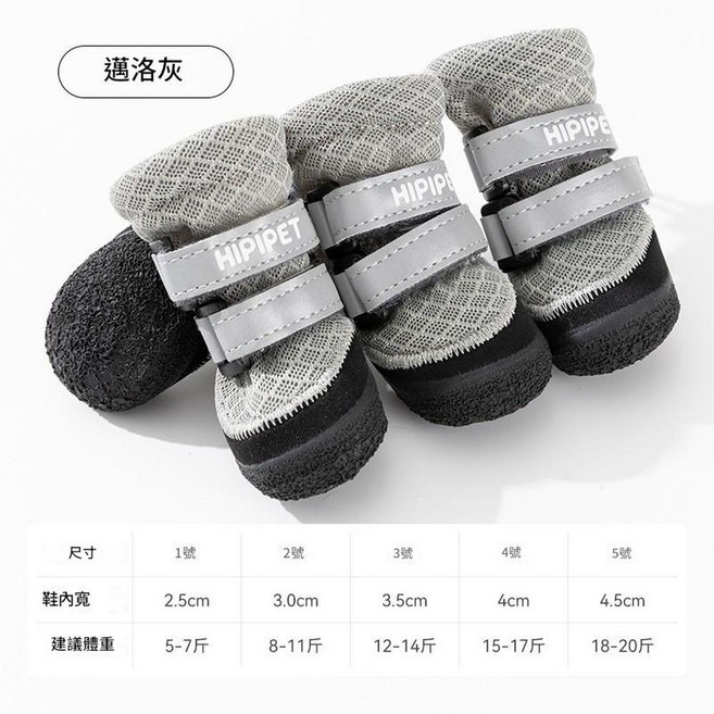 狗狗夏季透氣鞋, 簡約灰色 橡膠鞋底 - 4只裝, 1個