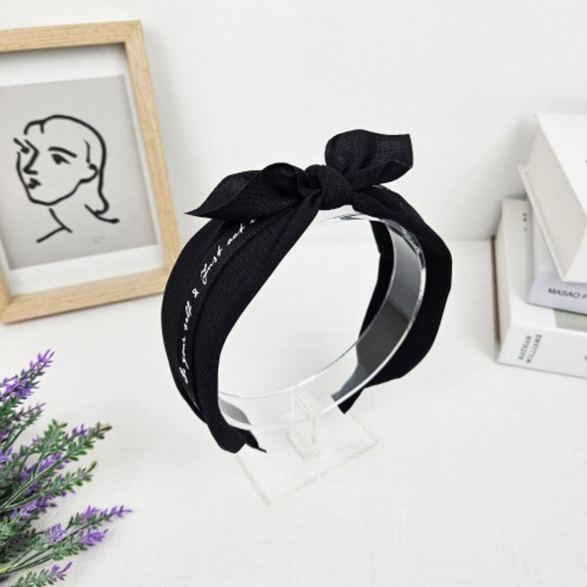 무이토린다 블랙 심플 레터링 리본 반다나 헤어밴드
