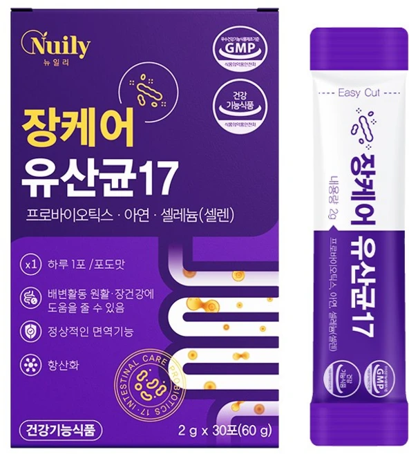 뉴일리 장케어유산균17 30포 프로바이오틱스 아연 셀렌 면역기능 장건강에도움 포도맛, 4개 - 쿠팡