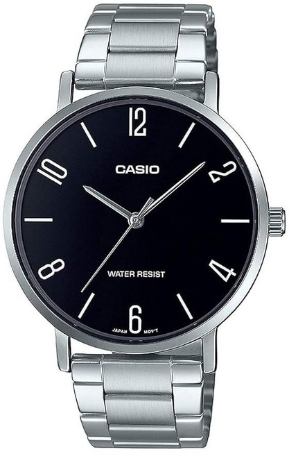 Casio Crocodile 엠보싱 블랙 가죽 라운드 아날로그 시계 실버/블랙 46x40x8.2mm 팔찌