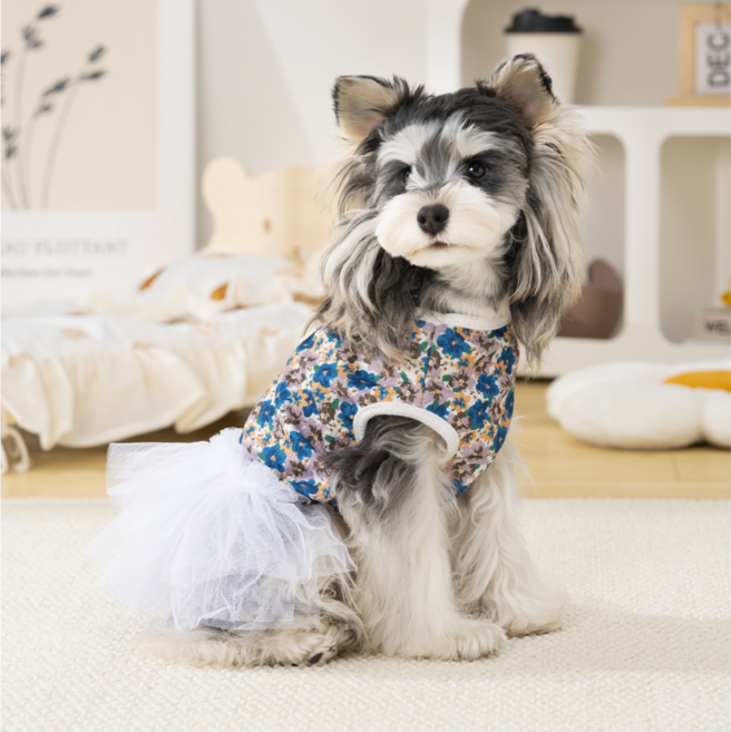 넥스트엣지 펫파션 촌캉스 원피스 D링 레이스 강아지 샤 스커트 애견옷, 1개, 플라워 블루