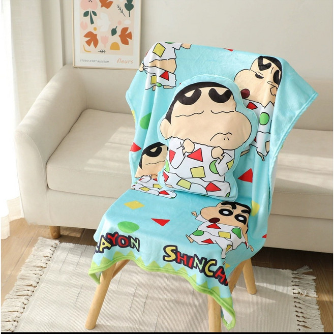 [짱구는 못말려]짱구 파자마 라인 프린트 쿠션+담요 2in1 세트 하나의 가격으로 쿠션 베개 과 담요를 동시에, 제품6(화나는 짱구)(하늘색)