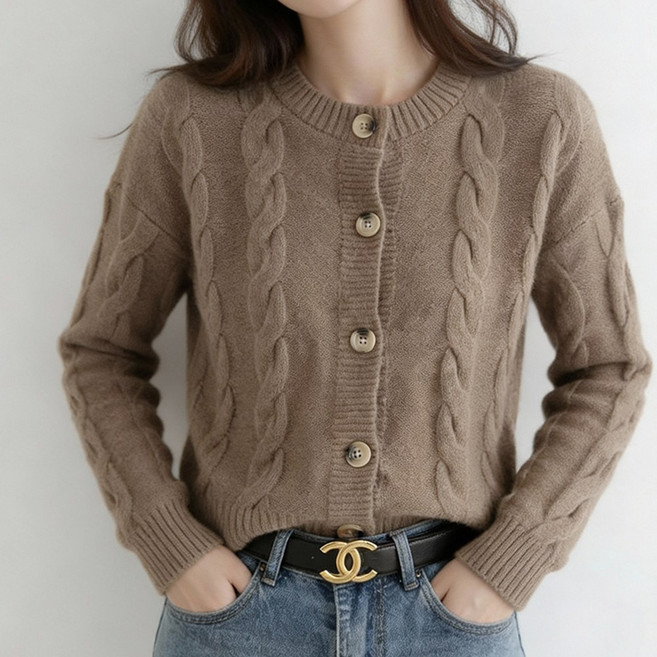 HANYO 여성 키작녀 베이직 부드러운 꽈배기 라운드 니트 가디건 스웨터