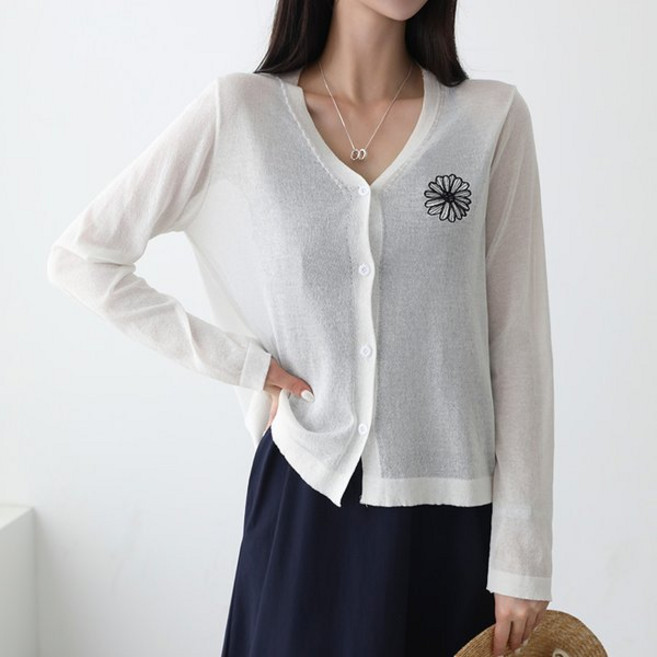 로미스토리 여성용 플라워자수 비스코스 가디건