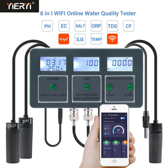 와이파이 투야 스마트 PH 미터 데이터 로거 온도 TDS 염분 S.G. EC ORP 워터 테스터 모니터 분석기 수족관 수영장 수경재배, 5.US 플러그 교정, 1개