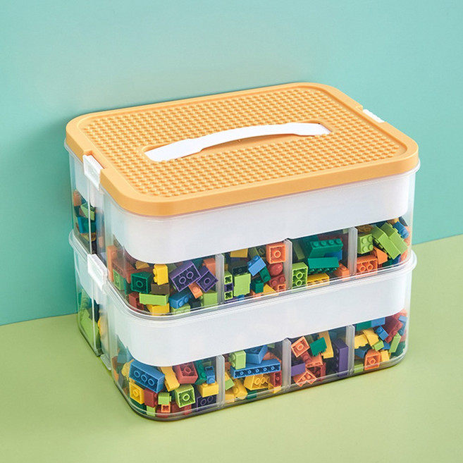 HK.sell 분리형 2층 블록 박스 장난감 레고 정리함 선반유, 1개, 노란색 선반유