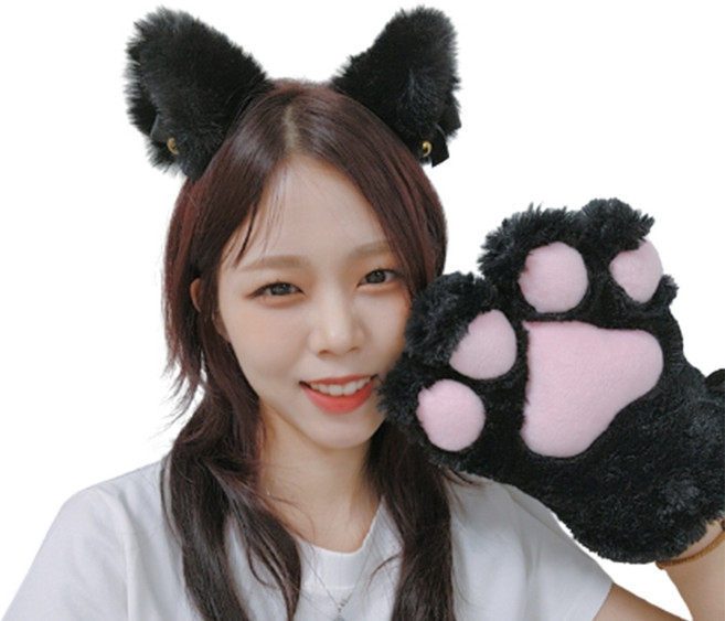 리빙듀오 고양이 장갑 머리띠 세트 파티 인생네컷 학예회 할로윈 소품, 블랙, 1세트