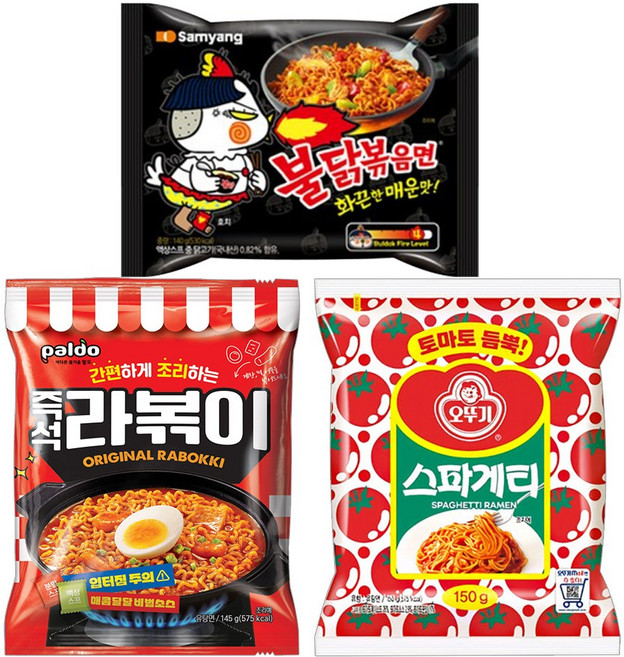 [여우별] 봉지라면 3종 (팔도라볶이145g 오뚜기스파게티150g 삼양불닭볶음면140g), 4세트
