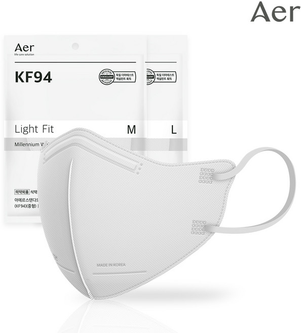 아에르 스탠다드 라이트핏 보건용 마스크 중형 KF94, 50개, 백색