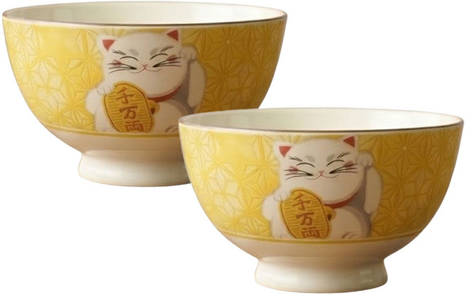 꿈꾸는키친 마네키네코 고양이 밥그릇 공기, 2개, 옐로우