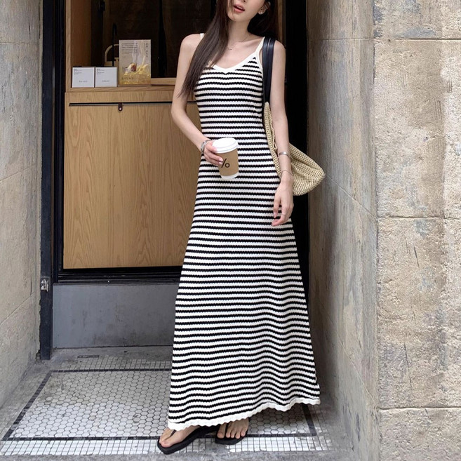 SOSISI 여성 롱원피스 봄여름 A라인 스트라이프 끈 나시원피스 DH2L00071