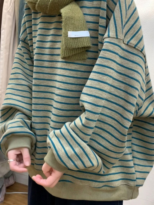 해피유통 여성 패션 빅사이즈 루즈핏 스트라이프 얇은 맨투맨jhz