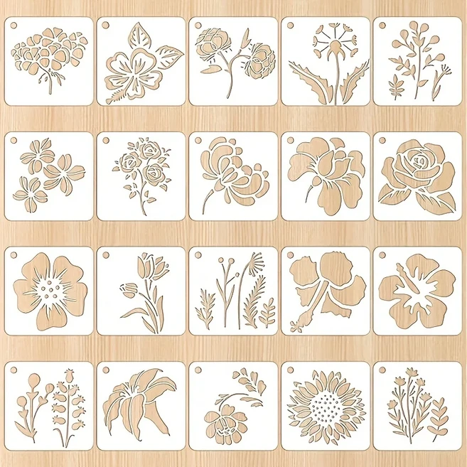 20 조각 꽃 식물 그림 스텐실 재사용 가능한 템플릿 벽 스텐실 DIY 공예 템플릿 나무 벽 그림 템플릿 홈 인, 01 20hua