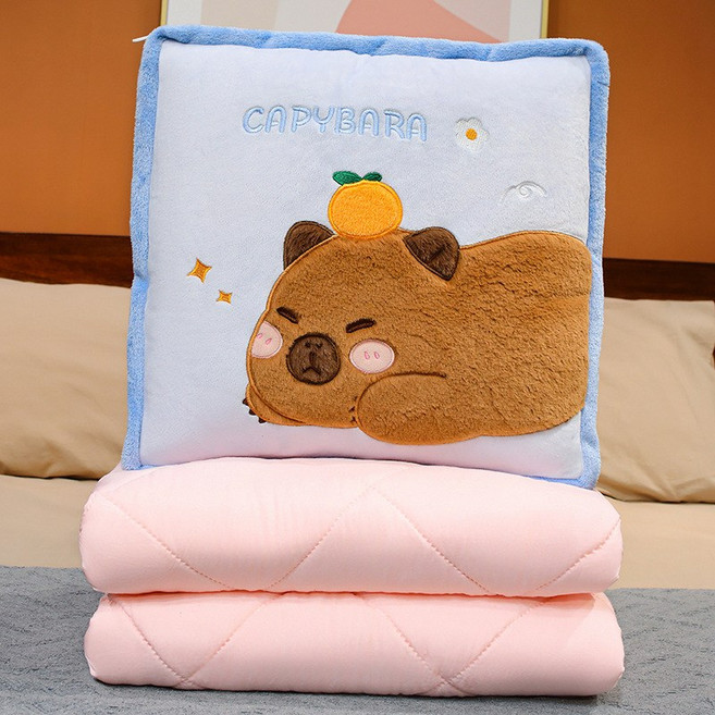 팬더 시리즈 사무실 점심시간용 베개 허리 받침 쿠션 이불 겸용 소파 거실 낮잠 담요 2-in-1, 쿠션 40*40cm, 이불 1*1.5m, 카피바라-블루 핑크 이불