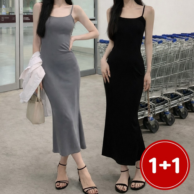 룩업 1+1 여성 슬림 슬리브리스 끈나시 롱 골반 원피스 휴양지룩 데이트 섹시 글램