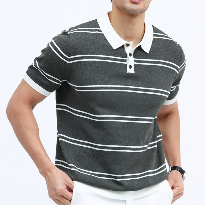 글리멜로 여름 남자 소프트 쿨링 스트라이프 니트 카라 반팔 티셔츠