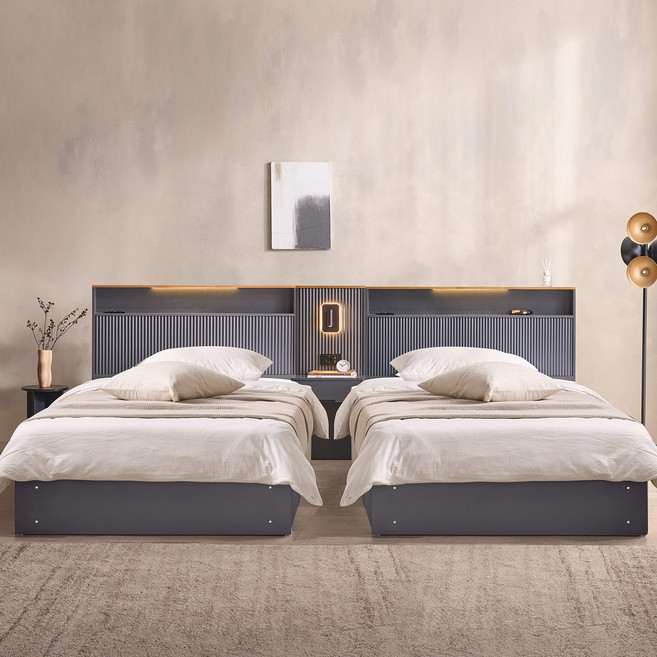 잉글랜더 세인트 전체 도장 호텔 LED 수납 침대+협탁1EA(Sweet Slumber 9존 매트-SS+SS), 다크블루, 다크블루, 그레이