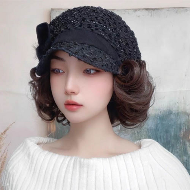 중년 여성 단발 항암 트위드 벙거지 웨이브 리본 모자가발 H352, 1개, 블랙