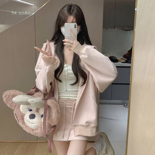 여성 핑크 후드 카디건 루즈 스웨트셔츠 재킷 슬림 스커트 세트 가을 패션 캐주얼 출퇴근 바람막이