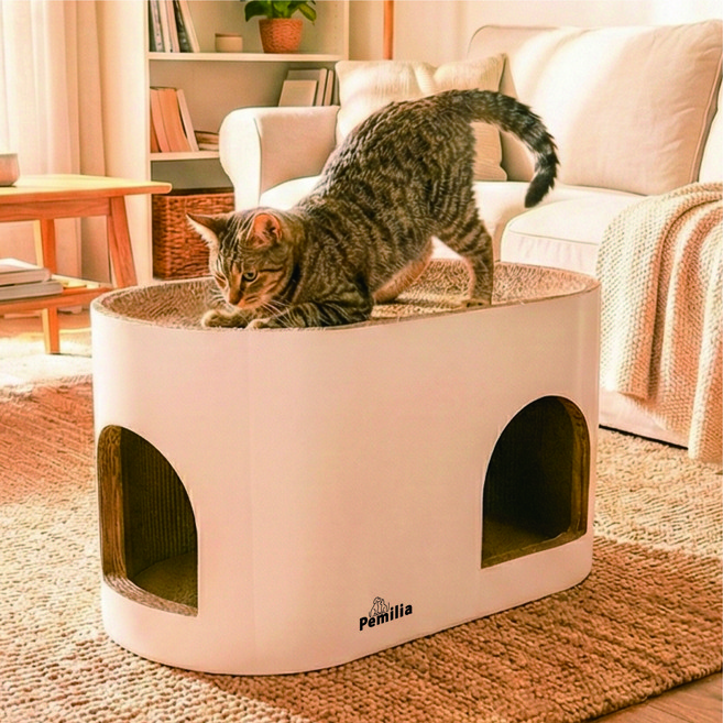 페밀리아 럭셔리 튼튼한 특대형 스크래쳐 투룸 숨숨하우스 고양이 스트레스 해소 안락한 공간, 화이트, 1개