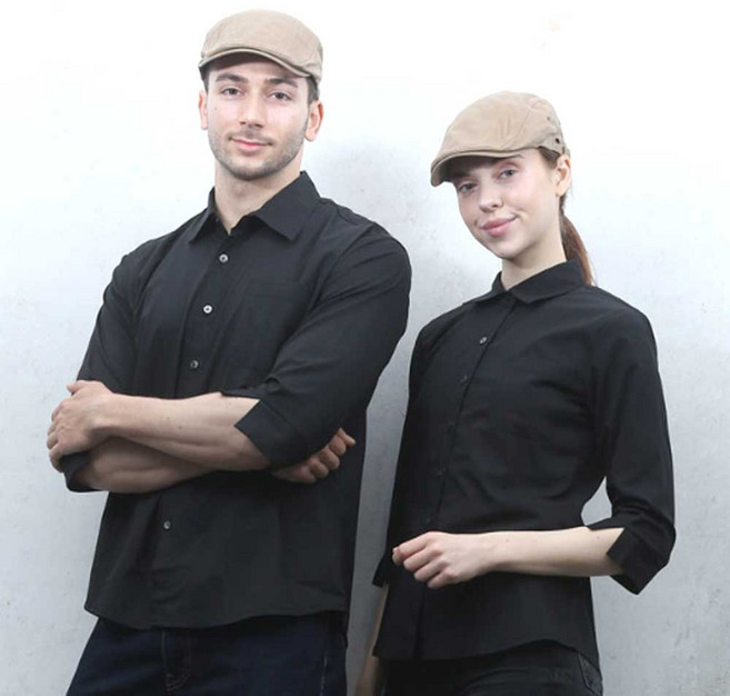 NEW 검정 카라 칠부셔츠 남여공용 상의 1개 식당유니폼 웨스턴셔츠 조리복 서빙유니폼 서빙복 셔츠유니폼 셔츠조리복 홀유니폼 카페 레스토랑 바리스타 SSY-710 NEW