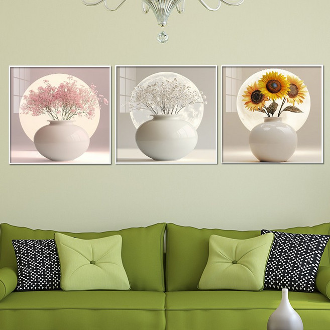 아트블루 달항아리 그림 돈들어오는 항아리 액자 풍수지리 현관 액자복달항아리 거실 풍수인테리어, 1번 분홍안개+2번 흰안개+ 3번 해바라기 3송이, 화이트
