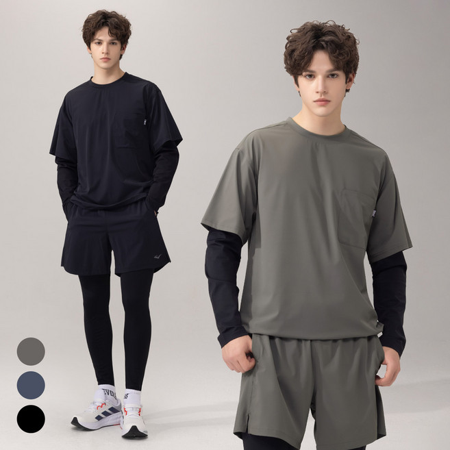 에버라스트 남자 러닝크루 세트 레이어드티 + 반바지 레깅스