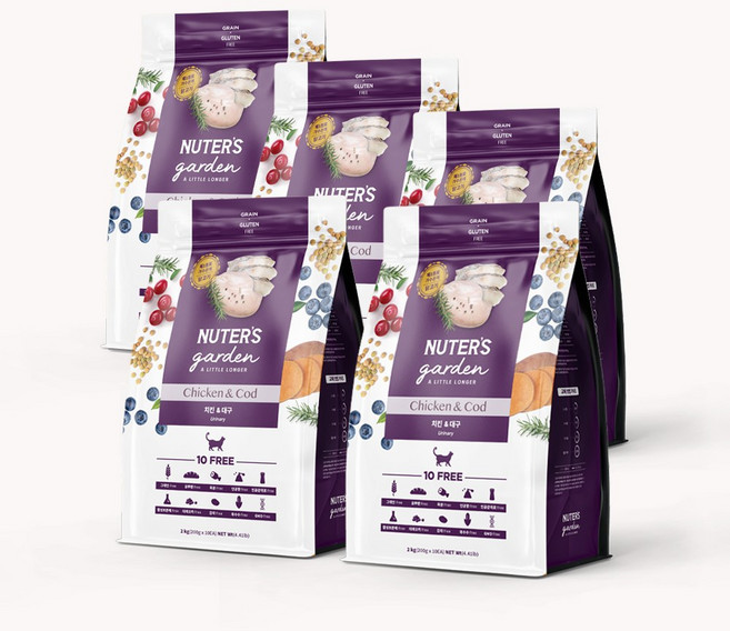누터스가든 고양이사료 치킨앤대구 캣 10kg 유리너리 요로 닭고기 기호성, 유리너리+결석, 2kg, 5개