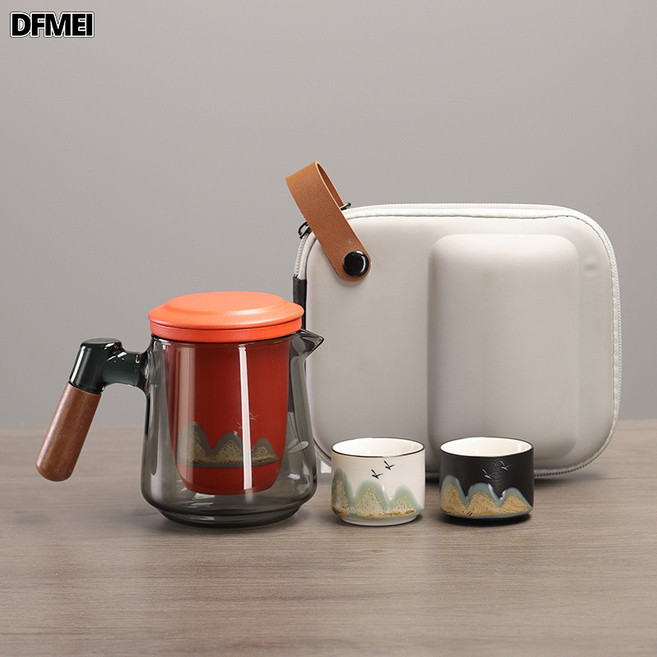 DFMEI 高級感旅行茶具千里江山文創禮盒套裝茶壺茶杯功夫茶具商務禮品, 千里江山一壺兩杯便攜包-紅, 參考詳情, 1個