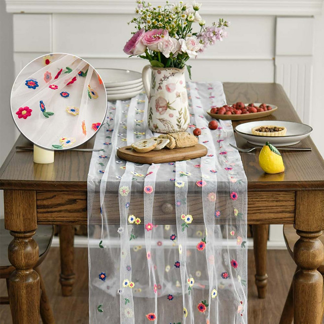 루이 데이지플 라워링 식탁보 레이스 재질 청소편리 주방식탁/파티장식용, 1개, 72*300cm