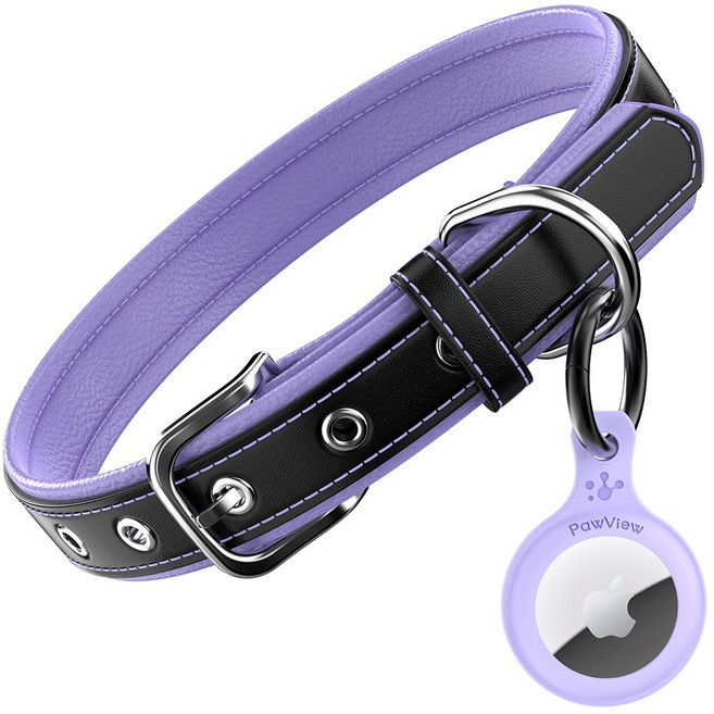 포뷰 튼튼한 소가죽 강아지 목줄 + 에어태그 게이스, 1세트, 퍼플+퍼플