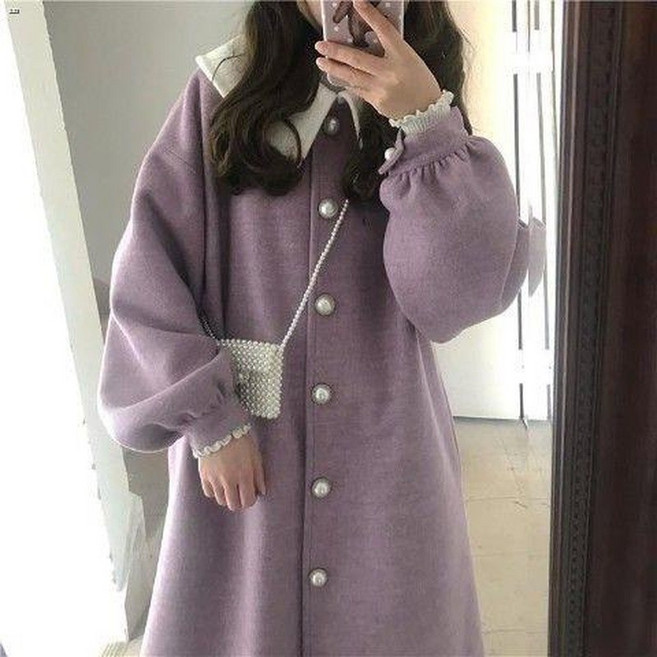 毛呢外套 毛呢大衣 外套大衣 香芋紫色復古寬松呢子大衣女中長款珍珠扣厚外套學生韓版毛呢冬天