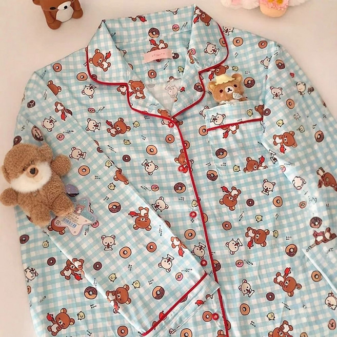 면 파자마 여성용 봄 가을 긴팔 긴바지 만화 귀여운 홈웨어 얇은 세트 순면 잠옷