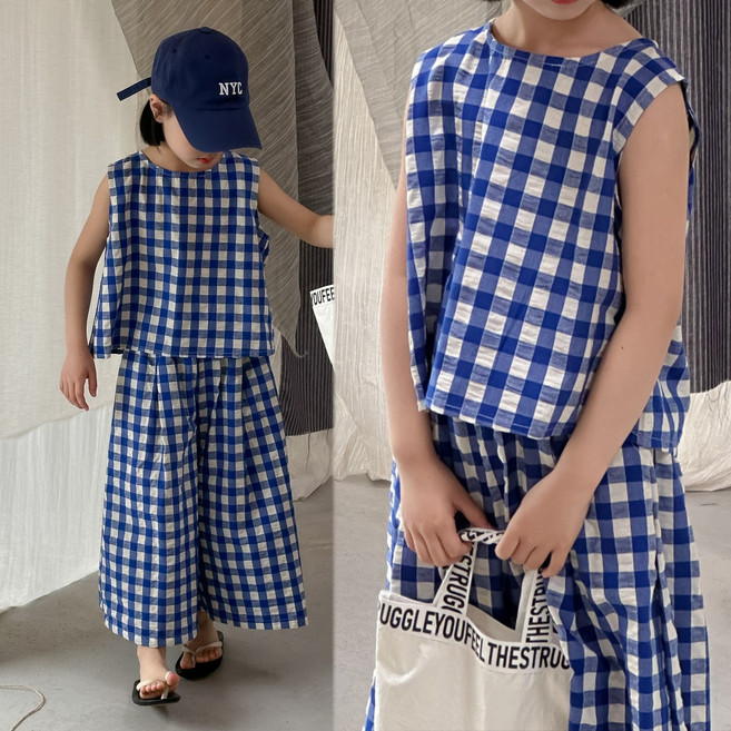 설온 아동 여아 남아 공용 블루 체크 나시 바지 투피스 세트