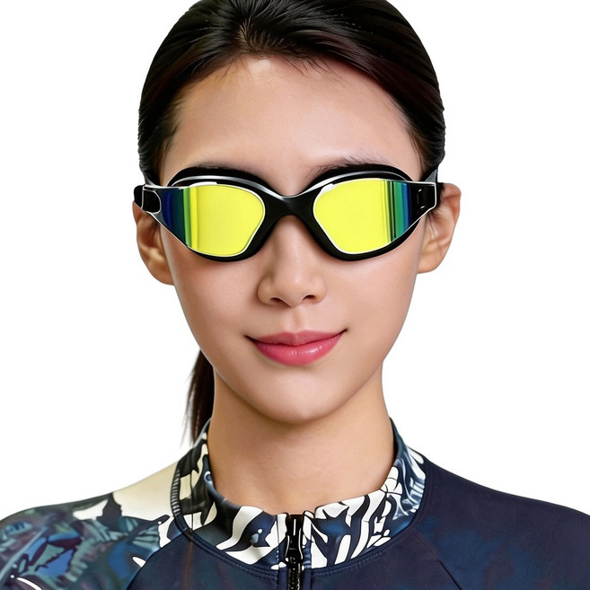 SERMER 성인용 고글형 물안경 자외선 차단 김서림방지 보관케이스 수모 귀마개 코마개 포함, 1개, 블랙 골드코팅