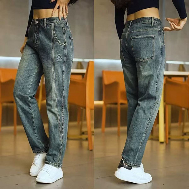 십전십미 춘추 남성 일자 자수 빈티지 와이드 데님 팬츠