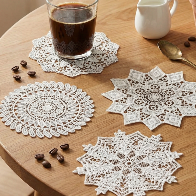 레인보우캣 컵 받침 인테리어 소품 컵 코스터 레이스 도일리 패브릭 티코스터 4종, 1세트, 화이트