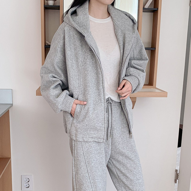 소일레 여성 무지 사선 절개 세미 크롭 오버핏 후드 집업 5color