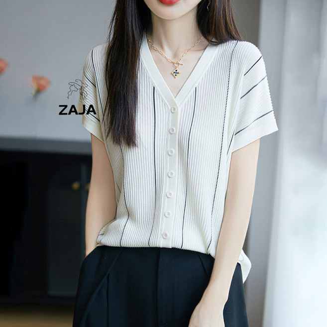 ZAJA 여름 여성 브이넥 아이스 니트 반팔 가디건 여리핏 데일리룩 티셔츠