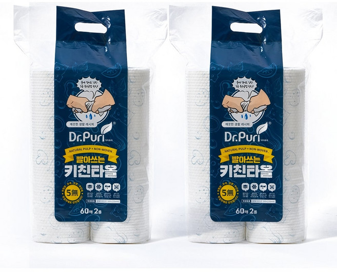 닥터퓨리 천연펄프 빨아쓰는 키친타올 주방행주 60매 x 4롤 무형광 무색소, 60매입, 4개