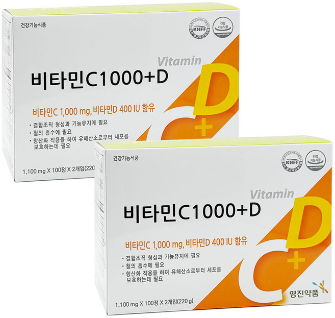 영진약품 비타민C 1000mg 플러스비타민D 비타민씨 비타민디 영양제, 200정, 2개