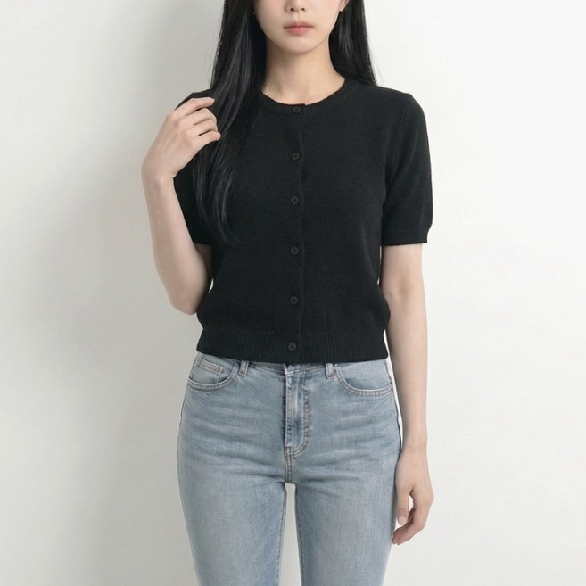 도시도시 여성용 부드러운 라운드넥 반팔 가디건 가을 간절기 니트