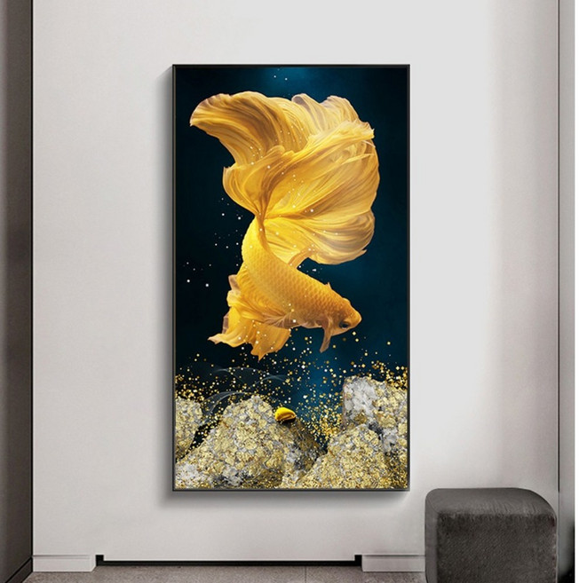 다미아트 돈들어오는보석십자수 황금 재물 행운 잉어 다복 보석십자수 아트 DIY 현관 부귀도 비즈십자 큐빅 40X60cm 50X90cm 대형 물고기 도안, 물고기4060, 1개