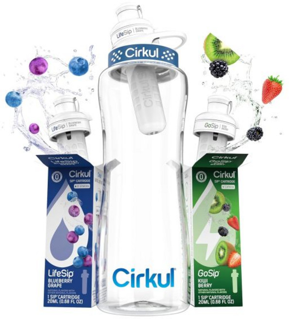 시르쿨 32oz 956ml BPA 프리 플라스틱 물병 스타터 키트 네이비 뚜껑 2가지 맛 카트리지: 라이프십 블루베리 포도맛 1개 고십 키위 베리맛 무설탕 제로 칼로리 음료 믹, 32oz. Bottle + 2 Cartridges