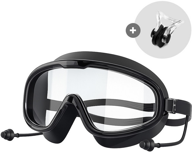오픈홈 김서림방지 물안경 귀마개일체형 코집게포함 수경, 1세트, 블랙