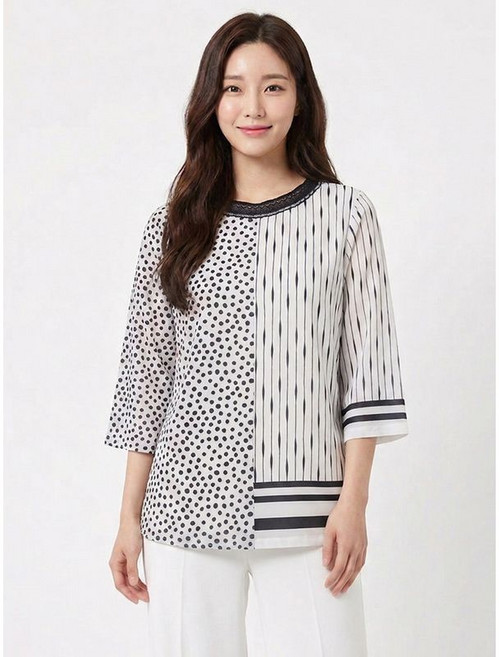 크로커다일레이디 아이보리 도트프린트 라운드 티셔츠 CLCMTS111