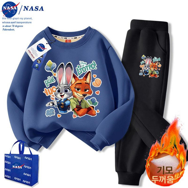 주토피아 맨투맨 티셔츠 캐릭터 남아 추리닝 기모 바지 어린이 세트 여아 상하복, 투피스 세트 1 블루+블랙 팬츠