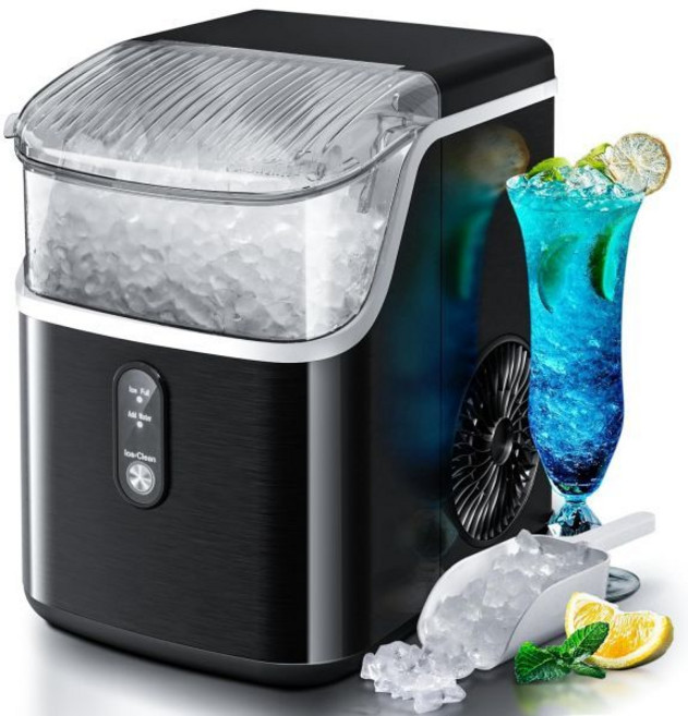 부드러운 씹을 수 있는 펠릿 얼음이 있는 너겟 카운터탑 제빙기 페블 휴대용 제빙기 36Lbs24H 셀프 클리닝 소닉 제빙기 원 버튼 조작 주방 사무실용 스테인리스 스틸 블랙, 34Lbs/24H, Stainless Steel Black, 1