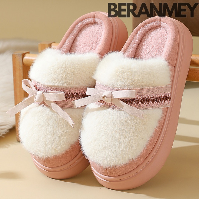 Beranmey 리본 털슬리퍼 통굽 발편한 퍼 실내화 여성