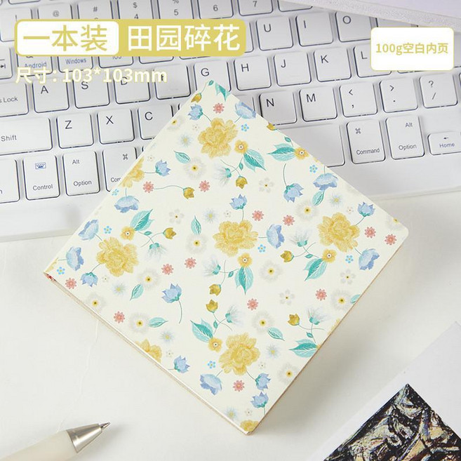 本子 迷你蓋章本 方形口袋本 記事本手賬本 空白筆記本, 1個, 膚感皮彩印款 田園碎花,橫綫款, 膚感皮彩印款 田園碎花